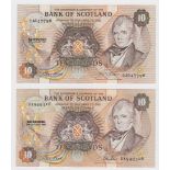 Scotland, Bank of Scotland 10 Pounds (2), 10 Pounds dated 1987 signed Risk & Pattullo and 10