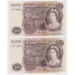 Fforde 10 Pounds issued 1967, a consecutively numbered pair, serial A87 845968 & A87 845969 (B316,