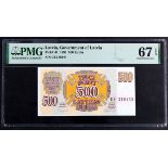 Latvia 500 Rubli dated 1992, serial CE210148 (TBB B223a, P42) in PMG holder graded 67 EPQ Superb Gem