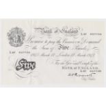 Peppiatt 5 Pounds dated 17th March 1947, serial L67 057739, London issue on thin paper, a