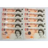 Cleland 10 Pounds (10) issued 2015, 2 consecutively numbered runs of 6 notes and 4 notes, last paper
