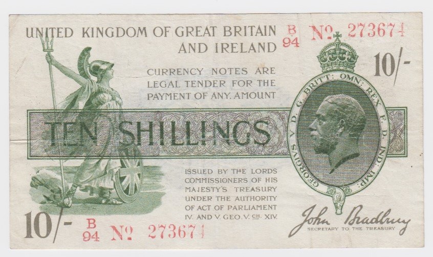 Bradbury 10 Shillings issued 16th December 1918, red serial No. B/94 273674, No. with dash (T20,