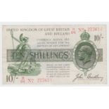 Bradbury 10 Shillings issued 16th December 1918, red serial No. B/94 273674, No. with dash (T20,