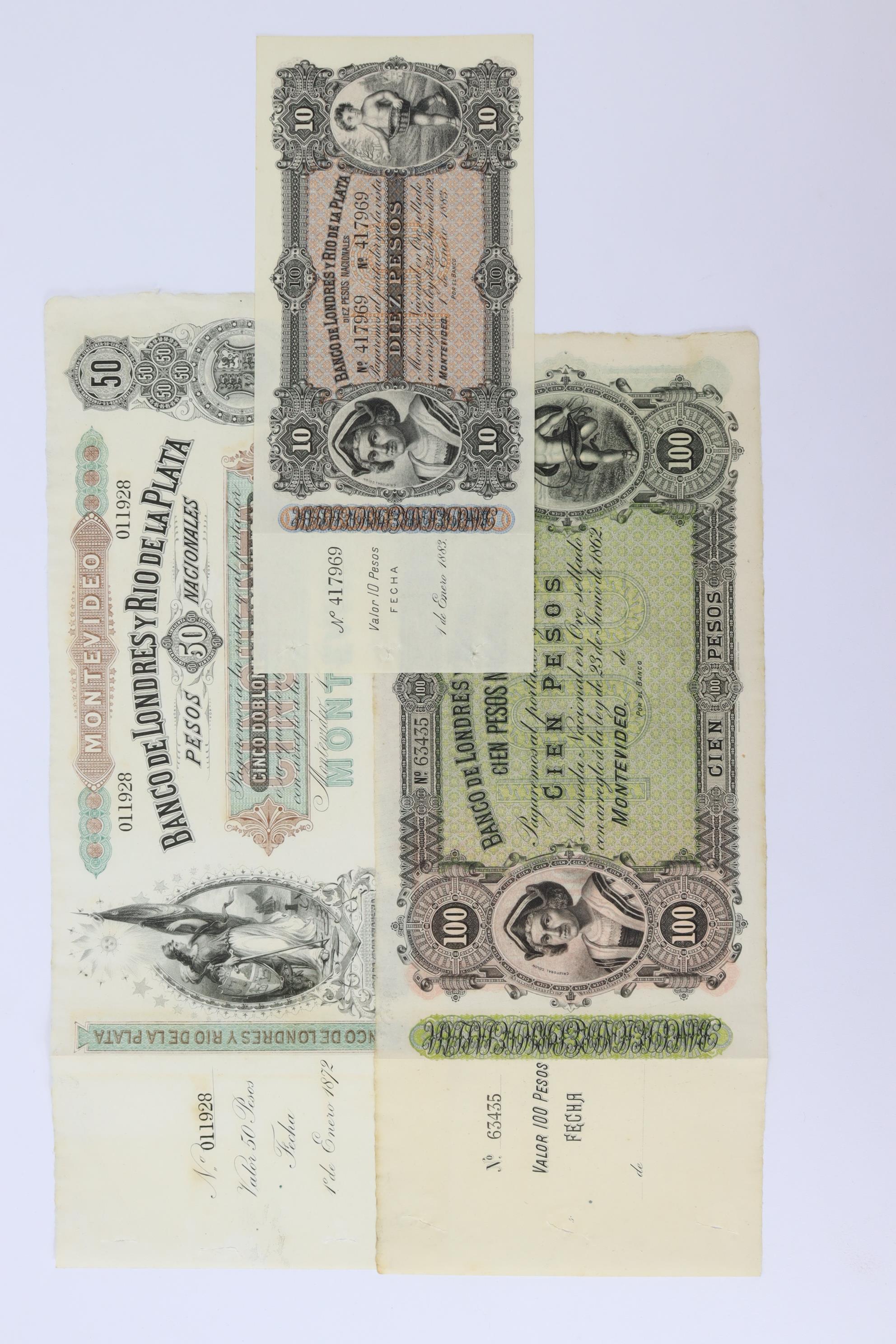 Uruguay (3), Banco de Londres y Rio de la Plata 100 Pesos, 50 Pesos & 10 Pesos dated 23rd June 1862,