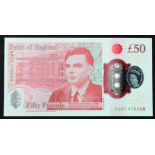 Sarah John 50 Pounds, new polymer issue with portrait of Alan Turing on reverse, a FIRST RUN '