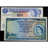 Mauritius (2) Queen Elizabeth II portrait, 5 Rupees issued 1954 serial Q076382 (TBB B324e,