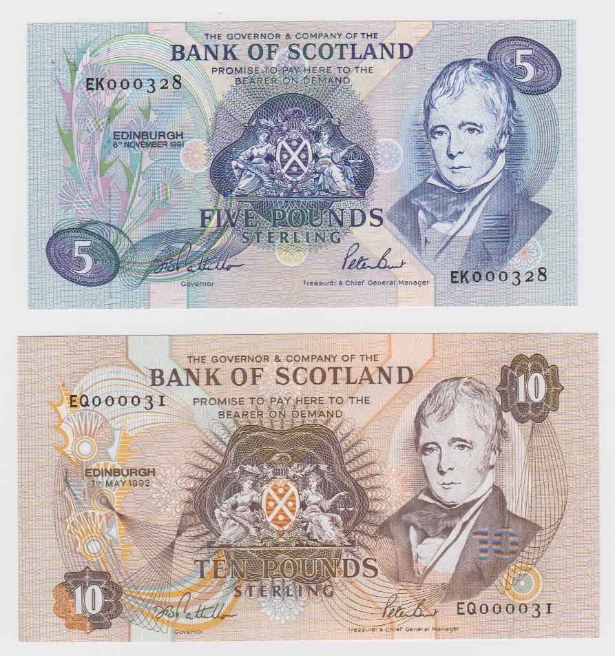 Scotland, Bank of Scotland (2) LOW serial numbers, 10 Pounds dated 7th May 1992, signed Pattullo &