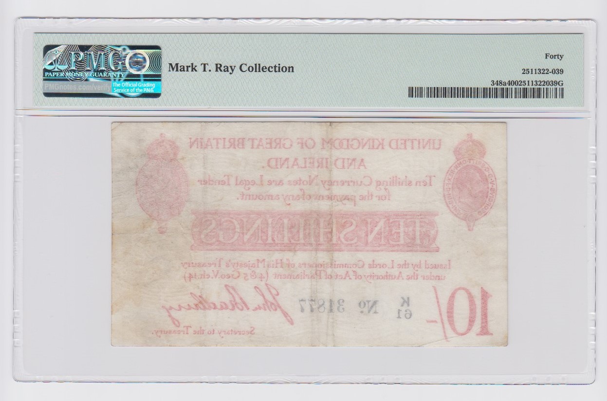 Bradbury 10 Shillings issued 1915, 5 digit serial number K/61 31877 (T12.1, Pick348a) in PMG - Image 2 of 2