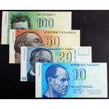 Finland (4), 100 Markkaa, 50 Markkaa, 10 Markkaa all dated 1986, 20 Markkaa dated 1993 (TBB B397 -