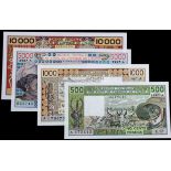 West African States, Ivory Coast (4), 10000 Francs, 5000 Francs, 1000 Francs and 500 Francs dated