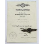 German Luftwaffe Frofflug-Spange fur kampffieger clasp in bronze with award document to Ralf