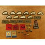 WW2 Royal Artillery cloth badge collection including RA shoulder titles, master gunners sleeve