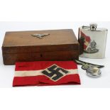 German Nazi items various including old wooden desk box with Luftwaffe Badge to lid. Hitler Youth
