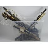Large plastic crate of various replica Japanese swords, Tulwar and other foreign daggers, etc. (Qty)