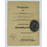 German General Assault war badge with award document to Obergefeien Ernst Meier 5/Pioneer