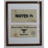 German framed WW2 Waffen SS and Deutsscher Volkssturm arm bands.