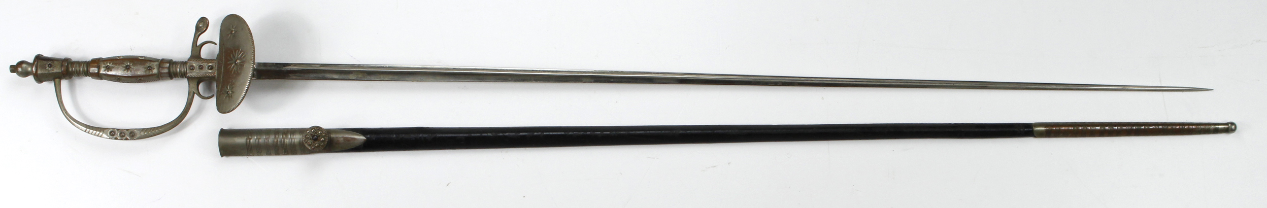 19th century Court Sword, with leather and metal scabbard. Triangular blade.