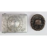 German Nazi Army belt buckle maker marked 'H A 37'. Plus a WW1 Black Wounds Badge. (2)