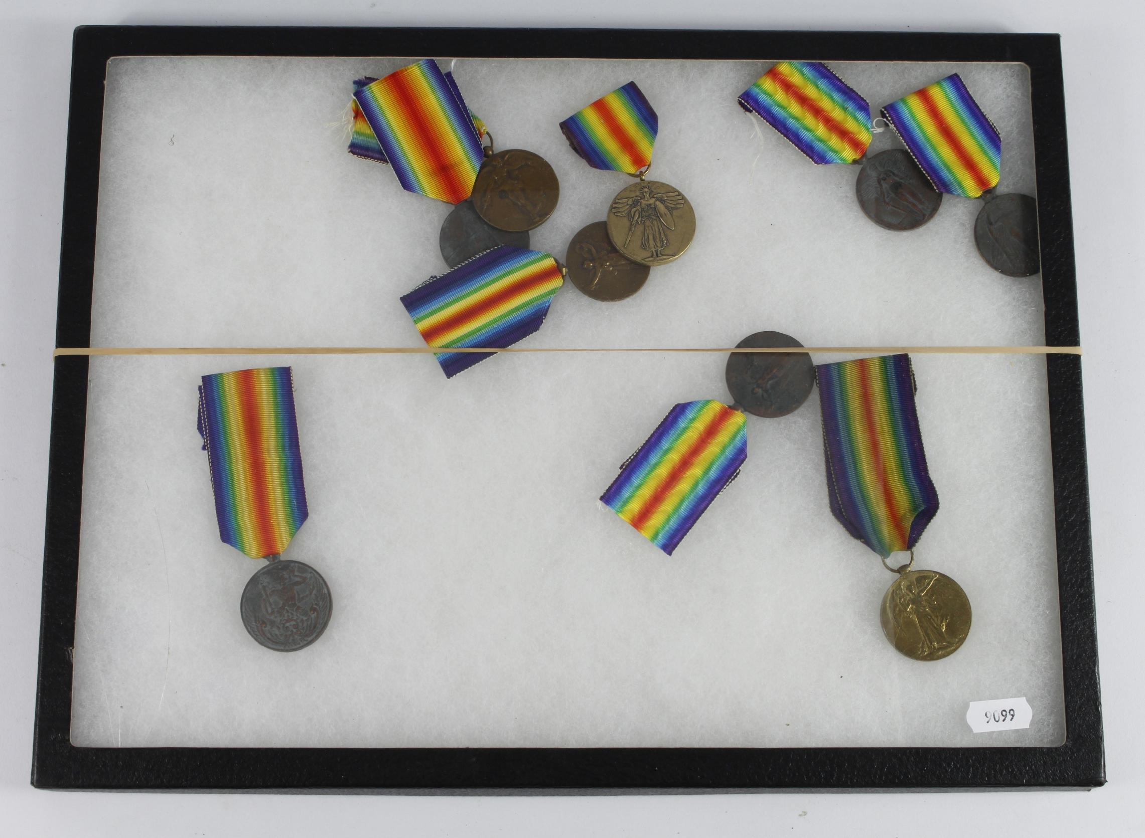 WW1 Victory medals 9x inc Czech, Brazil, Belgium, Japan, Siam, GB etc, some copies noted