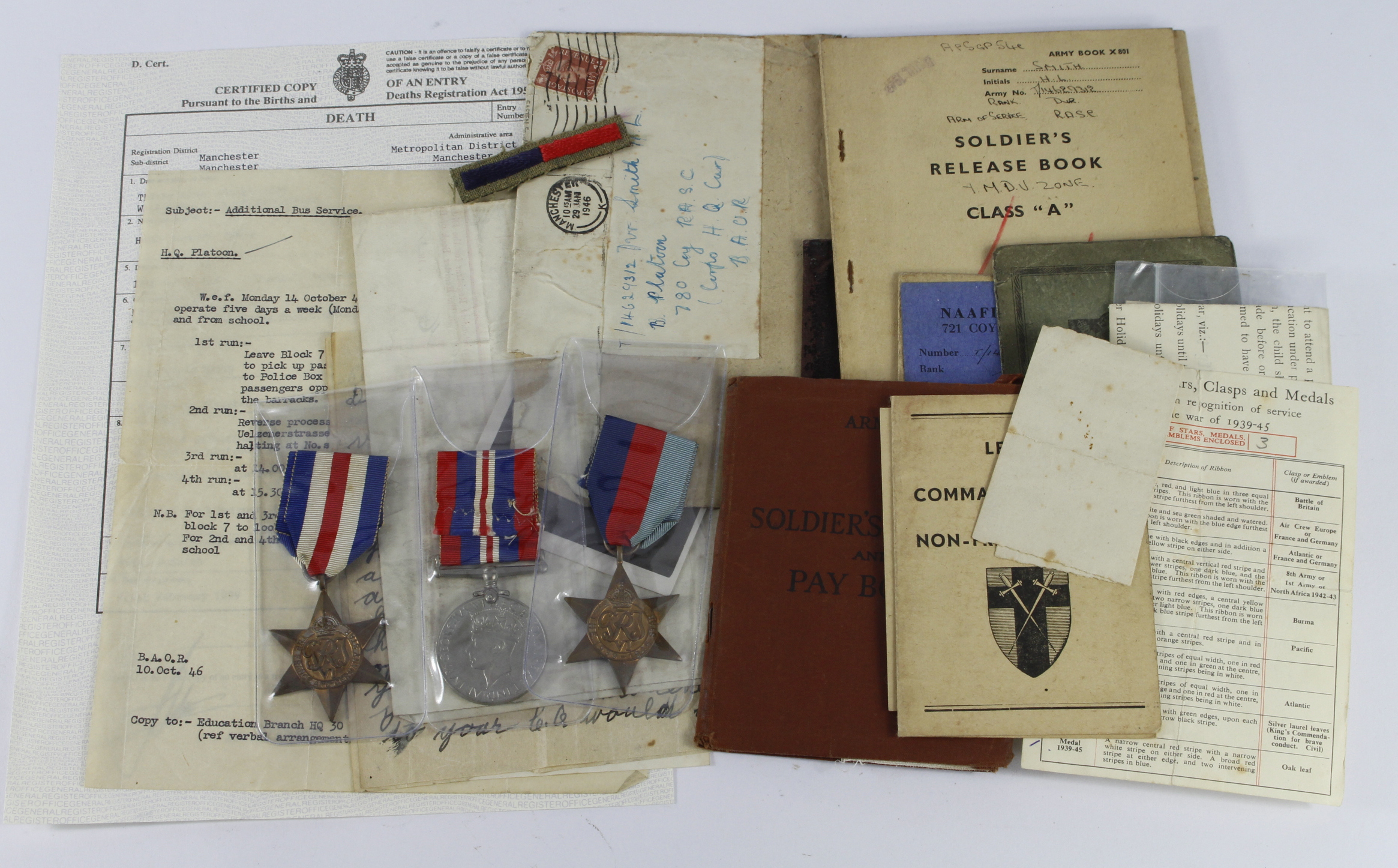 WW2 group to T-14629312 Dvr H L Smith RASC consisting of 1939-45 Star, F&G star, War medals with