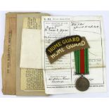 WW2 Home guard shoulder flashes, Defence medal and WW1 service papers to George E Bowyer late RMLI.