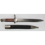 Spanish M1893 knife bayonet in its steel mounted leather scabbard, clean blade 9.5". Nice example