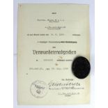 German WW2 Wound badge in black with award document to Franz Ganz . 4 /pz .aart. rgt . 16.