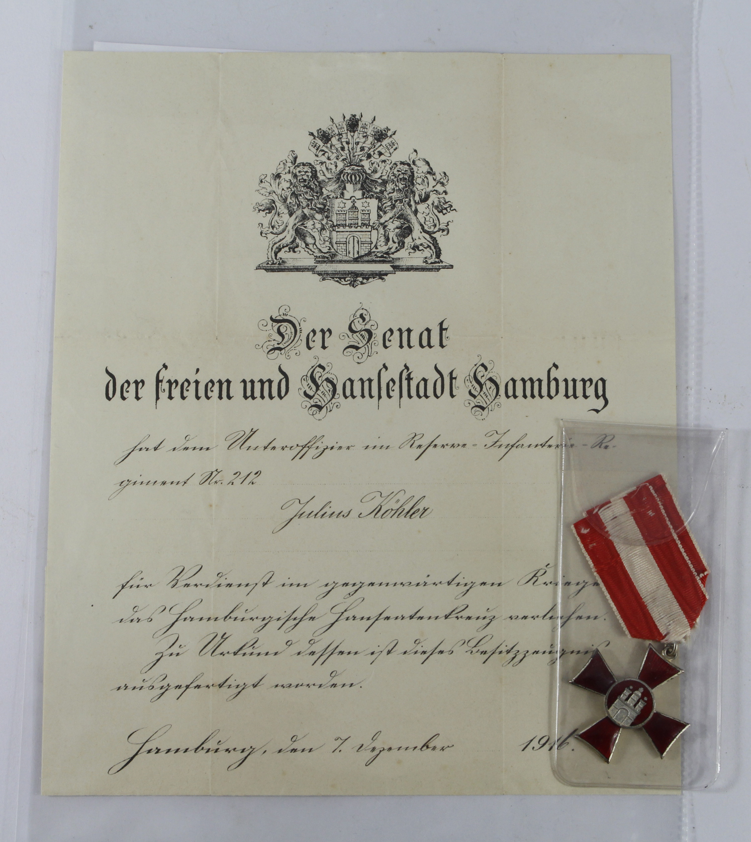 Imperial German WW1 Hamburg Hanseatic Cross for merit with award document to Unteroffizier Julius