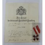 Imperial German WW1 Hamburg Hanseatic Cross for merit with award document to Unteroffizier Julius