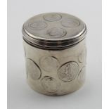 Unusual cylindrical box with approx 20 English silver shillings & sixpences from William III -