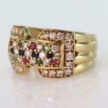 14ct yellow gold wide band ring set with a central panel of alternating sapphire, ruby, emeralds and