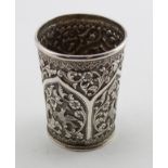 White Metal (silver?) beaker depicting birds & flowers. Height approx 8cm, weight 140g