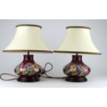 Pair of Moorcroft "Pansy" design lamps by Rachel Bishop. 1st Quality with shades
