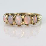 9ct yellow gold gradutated five stone opal ring, finger size P/Q, weight 3.3g