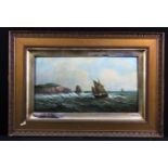 Moore, John (of Ipswich, 1820-1902) Oil on panel depiciting a Fishing Vessel on rough coastal