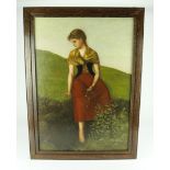 Helena Walker. 20th century oil on canvas depicting a young girl sitting on a hillside. Signed