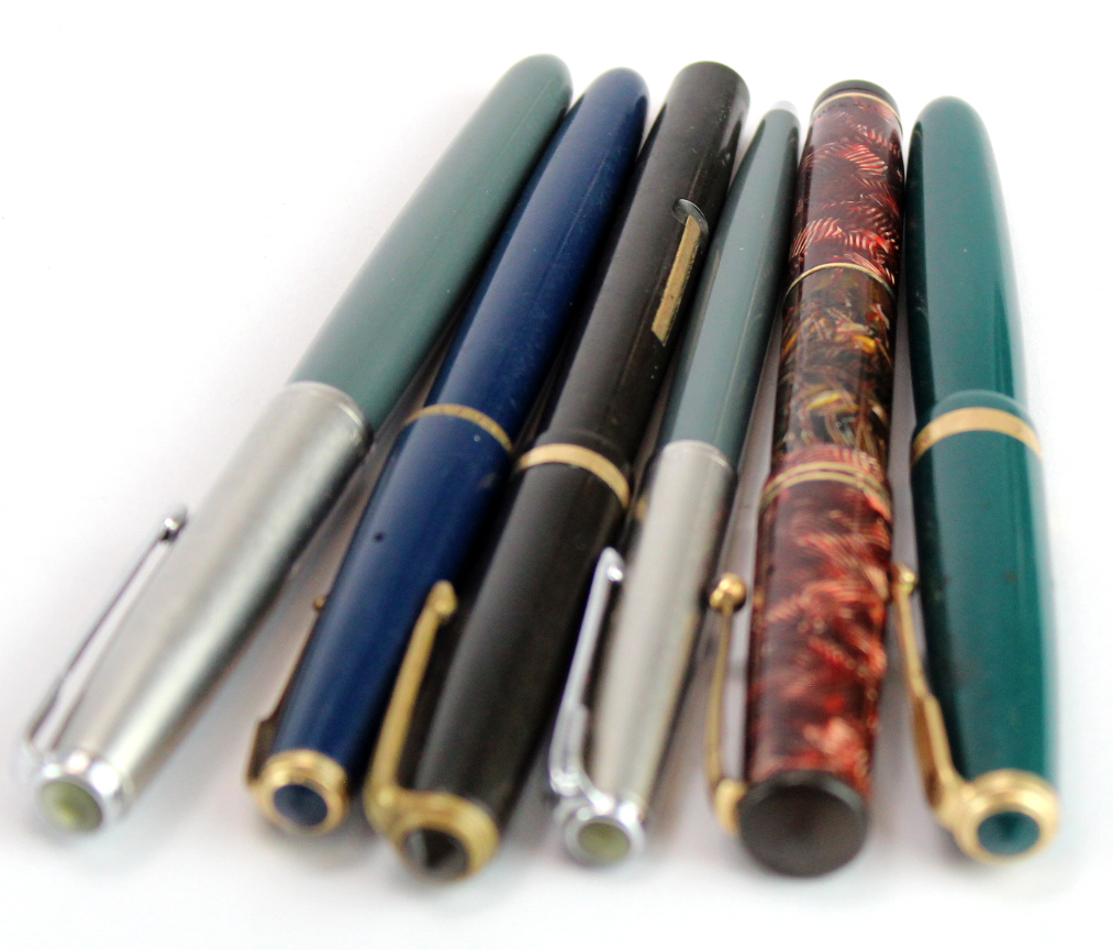 Fountain Pens. A group of six fountain & ballpoint pens, comprising Parker, Swan Visofil & Selsdon.