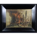 Nineteenth century? silkwork scene of a burning forest. In a heavy dark wood frame. Measures