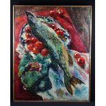 Moss, Colin (of Ipswich 1914-2005) Oil on Canvas. Still life of a fish on a platter of tomatoes.