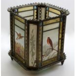 Large brass framed hanging lantern light shade, circa early 20th Century (?) with stained glass