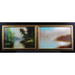 Igor Medvedev. Oil on Canvas. Two signed paintings both depicting ducks flying over water scenes.