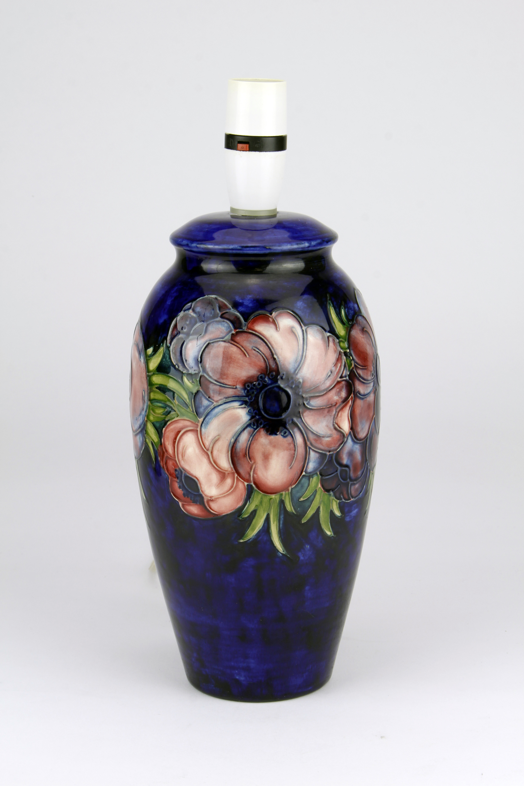 Moorcroft ' Blue Anenome' Lamp. With a Queen Mary sticker (1953-1978) Height measures 26cm.