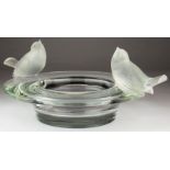 Lalique. A large Lalique bowl with a frosted birds perched on either side, circa mid 20th Century,