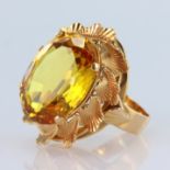 18ct yellow gold dress ring set with an oval citrine measuring approx. 15mm x 12mm, finger size K/J,