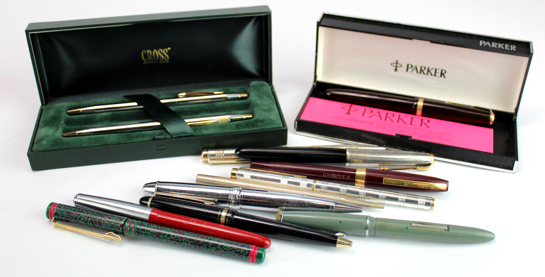 Fountain Pens. A collection of thirteen fountain pens, pencils, etc., including Parker, Waterman,