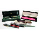 Fountain Pens. A collection of thirteen fountain pens, pencils, etc., including Parker, Waterman,