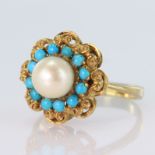 14ct yellow gold dress ring set with a central cultured pearl surrounded by twelve round turquoise