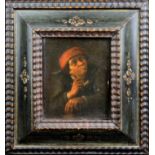 After Van Ostade, Adriaen. Portrait of a man in a red cap smoking a pipe. Oil on panel. In a heavy