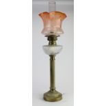 Oil Lamp. A brass based oil lamp, circa late Victorian, with inner glass tube & frosted orange