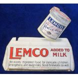 Trade advertising, Lemco, die-cut shop advertising sign illustrated with Lemco tin, 27cm x 27cm (gd)